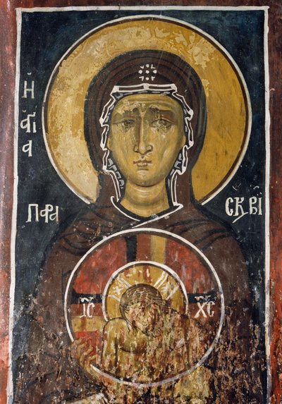 Sainte Paraskevi, personnification du Vendredi Saint tenant une icône du Christ de la Suprême Humilité, fresque (1332-1333), église byzantine de Notre-Dame d