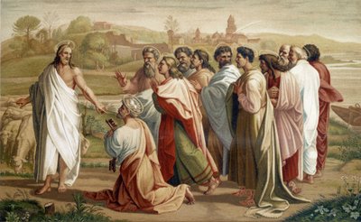 Mission de Saint Pierre : Jésus confie son troupeau à Pierre en présence des autres apôtres - selon une peinture du 16ème siècle - Unknown artist