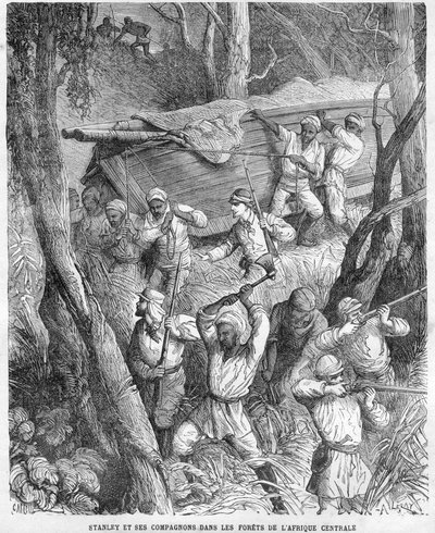 Stanley en Afrique - Expédition de Stanley en Afrique centrale 1874-1877 : Marche à travers la jungle - Gravure sur bois d