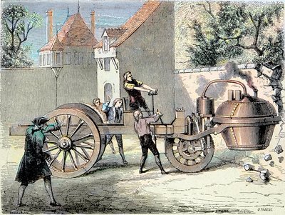 Voiture à vapeur inventée par Nicolas Joseph Cugnot (1725-1804) perdant le contrôle et renversant une partie d
