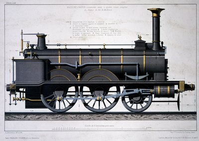 Locomotive à vapeur du chemin de fer de Mulhouse - dessin au lavis - Unknown artist