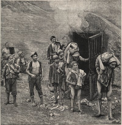 Exploitation du soufre (Zolfara) en Sicile, dessin - Unknown artist
