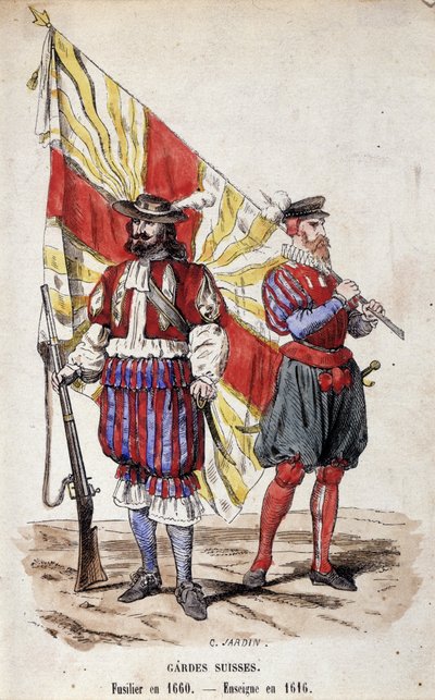 Gardes suisses: Fusilier en 1660 et Enseigne en 1616. - Unknown artist