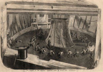 Télégraphie : enroulement du câble transatlantique à bord du navire H.M.S. Agamemnon. Gravure dans The Illustrated London News du 1er août. - Unknown artist