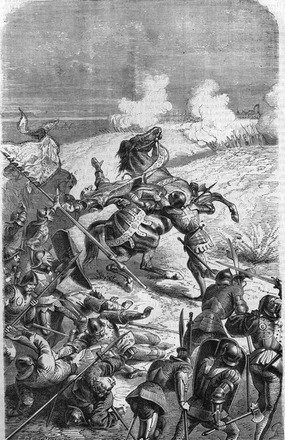 Le vétéran de 75 ans John Talot a été recoupé pour diriger une expédition de 3000 hommes, qui a débarqué en Guyenne le 17 octobre 1452. Gravure représentant la mort de Talbot au combat. Gravure du 19ème siècle - Unknown artist