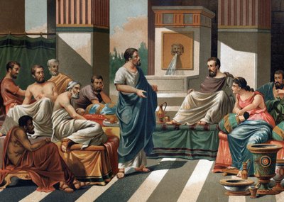 Le banquet de Périandre (tyran ou roi de Corinthe) pour les sept sages de Grèce. De gauche à droite : Bias, Ésope, Anacharis, Cléobule, Solon, Pythagore, Périandre et sa femme Mélisse. D
