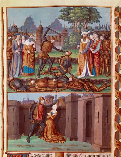 La bataille des Horaces et des Curiaces. Les trois Horaces de Rome rencontrent les trois Curiaces. Différentes scènes de combat - Unknown artist