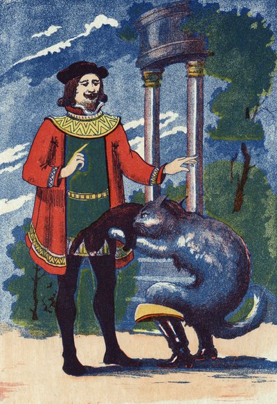 Le Chat botté offre un lapin au roi. Illustration pour « Le Chat botté », conte de Charles Perrault (1628-1703), écrivain français. Illustration anonyme. Imagerie Marcel Vagne, Jarville Nancy, fin du XIXe siècle. - Unknown artist