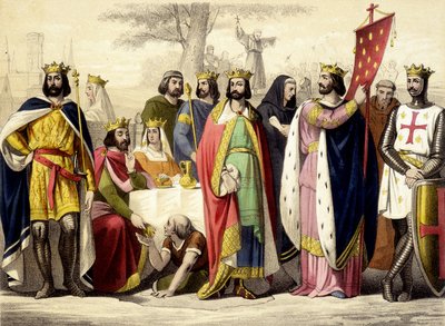Les Capétiens de 987 à 1137. Hugues Capet, Robert Ier Constance, Philippe Ier, Louis VI et Louis VII. Gravure du 19e siècle - Unknown artist