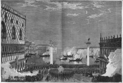 Le Carnaval de Venise : la nuit du dimanche gras sur la piazzetta. Gravure dans « L