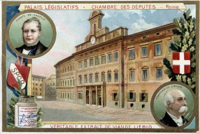 La Chambre des Députés à Rome (Italie), avec portraits du comte Camillo Benso de Cavour (1810-1861) et de Francesco Crispi (1819-1901) - Chromolithographie Liebig - Unknown artist