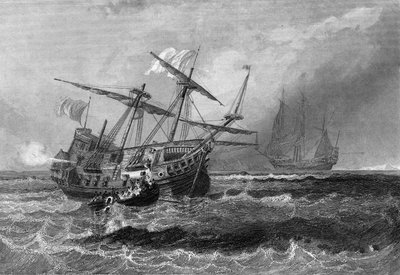 Le Corbin perdu sur le récif aux Maldives le 1er juillet 1602. Dans « Histoire générale de la marine » de Van Tenac. - Unknown artist