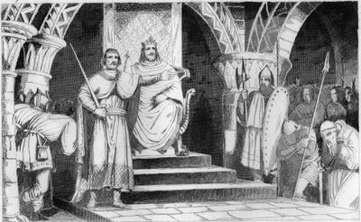 Couronnement de Chilpéric II (670-721) - Chilpéric II (670-721) est placé sur le trône par Rainfroi (Ragenfred) (maire du palais de Neustrie) en 715 - Gravure de 1825 dans « Histoire de France représentée par des tableaux synoptiques dédiée aux enfants de  - Unknown artist
