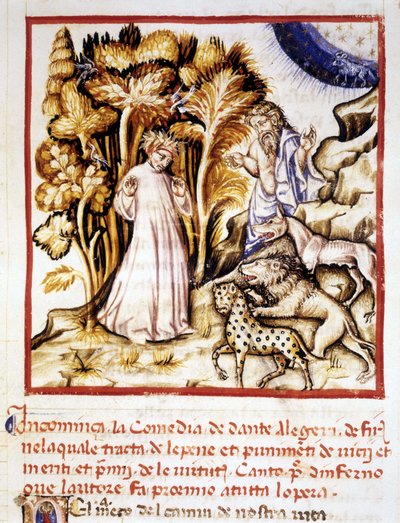 La Divine Comédie de Dante Alighieri. Miniature représentant Dante, Virgile et les trois bêtes. Manuscrit du 14ème siècle. Bibliothèque municipale de Rimini. - Unknown artist