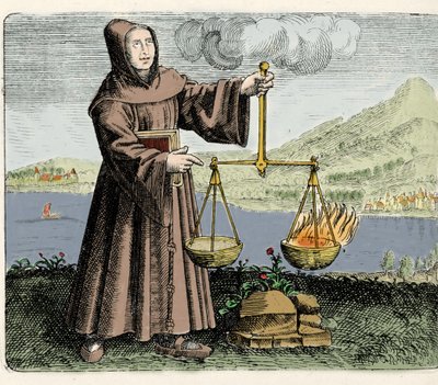 Le moine franciscain, philosophe et alchimiste Roger Bacon (Bacon) (Doctor Mirabilis) (1214-1294) faisant une expérience. Gravure tirée de « Symbola aureae mensae duodecim nationum » par Michael Mayer 1617 - Unknown artist