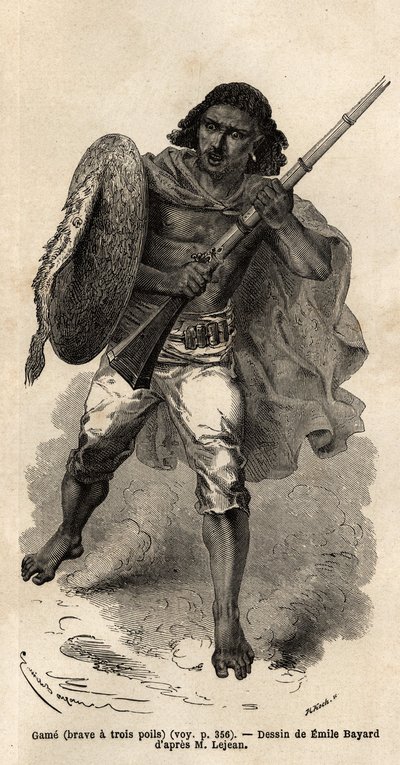 Le Jeu, ou brave à trois poils, soldat abyssinien armé. Gravure pour illustrer le voyage en Abyssinie, en 1862 par Guillaume Lejean, dans Le tour du monde, nouveau journal des voyages publié sous la direction d