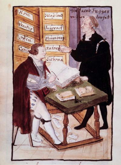 Le banquier allemand Jacob Fugger (1459-1525) dans son bureau (Goldene Schreibstube) avec son comptable allemand Matthaus Schwarz (1497-vers 1574) Aquarelle du 16e siècle. BN, Paris - Unknown artist