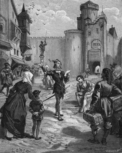 Le chevalier allemand, poète et humaniste Ulrich von Hutten (1488-1523) déclamant un de ses poèmes dans la rue. Gravure du XIXe siècle. Dans « Histoire de France » par Jules Michelet - Unknown artist