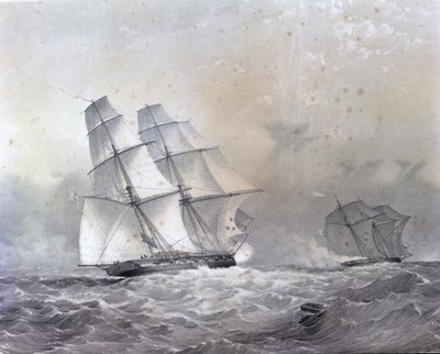 La goélette HMS Acorn de 16 canons poursuivant le négrier Gabriel - Unknown artist
