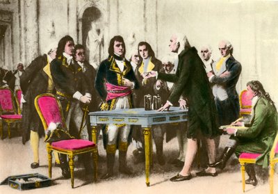 Le physicien italien Alessandro Volta (1745-1827) présente sa pile à Napoléon Bonaparte. 1801 Collection privée - Unknown artist