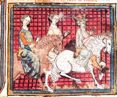 Le roi des Francs Chilpéric Ier (543-597) et Frédégonde à cheval. Miniature tirée de "Grandes Chroniques de France" 1375-1379 Bibliothèque municipale, Castres - Unknown artist