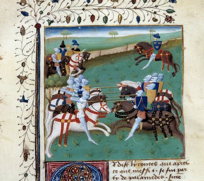 Les chevaliers de la Table Ronde participant à un tournoi chevaleresque. Miniature du manuscrit « Le roman de Tristan » par Maître Charles du Maine - Unknown artist