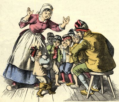 Le Petit Poucet et ses frères rentrent chez leurs parents. Illustration du conte « Le Petit Poucet » de Charles Perrault - Unknown artist