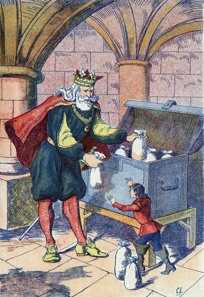 Le Petit Poucet récompensé par le roi. Illustration pour « Le Petit Poucet », conte de Charles Perrault (1628-1703), écrivain français. Illustration anonyme. Imagerie Marcel Vagne, Jarville Nancy, sans date (fin XIXe siècle) - Unknown artist