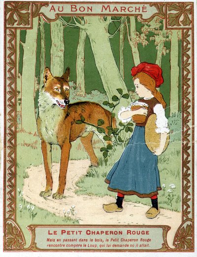 Le Petit Chaperon Rouge rencontre le loup - étiquette publicitaire du Bon Marché - Unknown artist