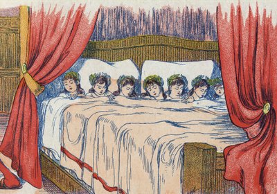 Le Petit Poucet et ses frères dorment, couronne sur la tête. Illustration pour « Le Petit Poucet », conte de Charles Perrault (1628-1703), écrivain français. Illustration anonyme. Imagerie Marcel Vagne, Jarville Nancy, fin 19e siècle. - Unknown artist