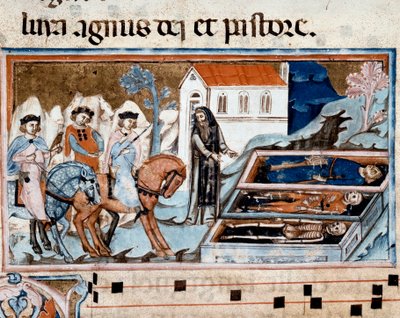 La rencontre des trois vifs et des trois morts (ou Dict) Les trois vivants et un ermite devant les trois cercueils présentant des cadavres à différents stades de décomposition. Miniature du 
