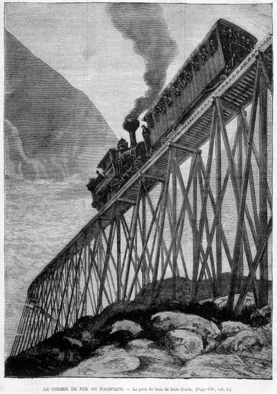 Le chemin de fer du Pacifique sur le pont en bois de Dale Creek - gravure, fin du 19ème siècle - Unknown artist