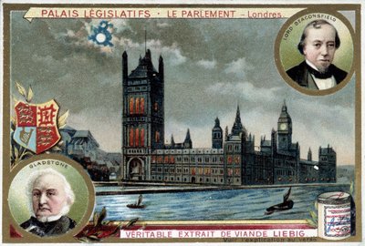 Le Palais de Westminster, ou Parlement de Londres (Angleterre), avec portraits de William Ewart Gladstone (1809-1898) et Benjamin Disraeli, Lord Beaconsfield (1804-1881) - chromolithographie Liebig - Unknown artist