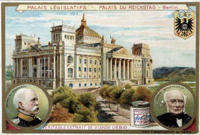 Le Palais du Reichstag à Berlin, et portraits de Bismarck et Windthorst - Étiquette publicitaire Liebig, v.1900 - Unknown artist