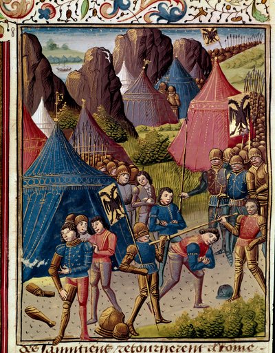 Les Samnites vont chez les Romains. Miniature de « Histoire romaine » (Ad urbe condita) par Tite-Live (59 av. J.-C.-17 apr. J.-C.), traduit par Pierre Bersuire (ms. 310) 1450-1500 Chantilly, musée Condé - Unknown artist