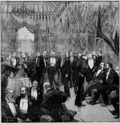 Le banquet de Suez réunit les financiers les plus importants du monde (Réunion des membres de la Commission Internationale). Gravure dans "Le Monde Illustré" - Unknown artist