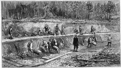 Le chemin de fer transsibérien : chantier des ouvriers chinois. Gravure dans « La Nature : revue des sciences et de leurs applications aux arts et à l