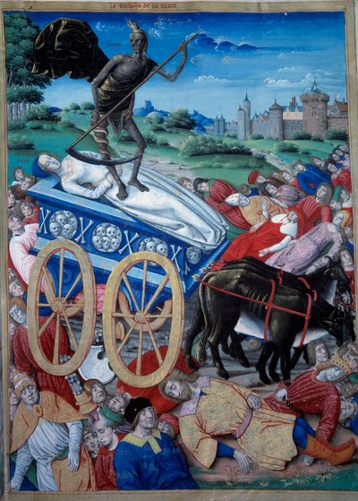 Le Triomphe de la Mort. Représentation allégorique de la Mort avec une faux sur un attelage, des cadavres gisent sur le sol. Miniature de "Triomphes, sonnets et chansons" de Pétrarque (Francesco Petrarca) - Unknown artist