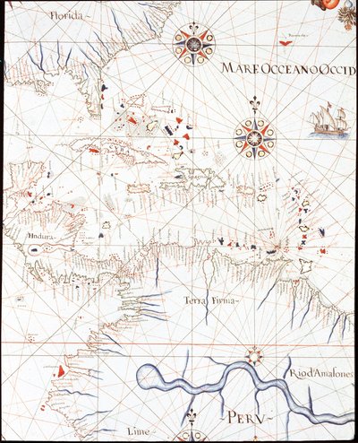 Les Antilles : Floride, Honduras, Cuba, Pérou et les Caraïbes (Détail du Portulan de Castellini) - Unknown artist
