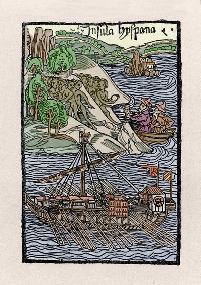 Le débarquement à Hispaniola par Christophe Colomb (1451-1506). Gravure de « De insulis in mare Indico super inventis », Bâle 1493-1494 (traduction latine du rapport de Colomb au roi d