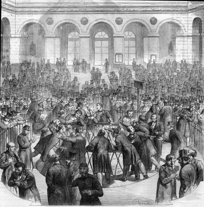 Le panier des agents de change, à la Bourse de Paris en 1865. Gravure d