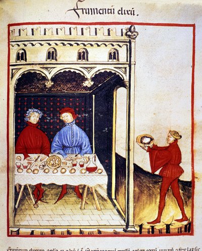 Les bienfaits du blé : un repas à base de pain. Enluminure du « Tacuinum sanitatis » - Unknown artist