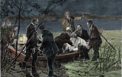 Le corps de Louis II de Bavière Wittelsbach (1845-1886) retrouvé noyé avec le Dr. Gudden dans le lac de Starnberg près du château de Berg en juin 1886. Gravure - Unknown artist