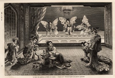 Le ballet des papillons au théâtre Gankiro, dans le quartier des plaisirs de Miyozaki à Yokohama. Gravure pour illustrer le voyage au Japon, par Aimé Humbert, ministre de la Confédération suisse, en 1863-1864, publié dans « le tour du monde », sous la dire - Unknown artist