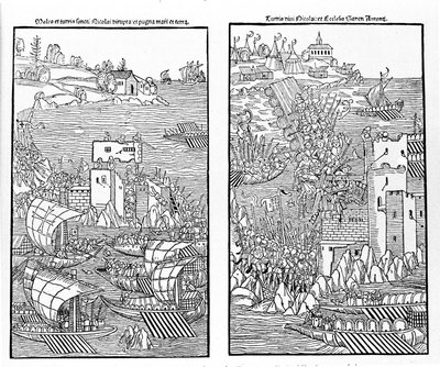 La prise de Rhodes par les Turcs en 1522. Les Turcs attaquent la forteresse de Saint-Nicolas. Xylographie. - Unknown artist