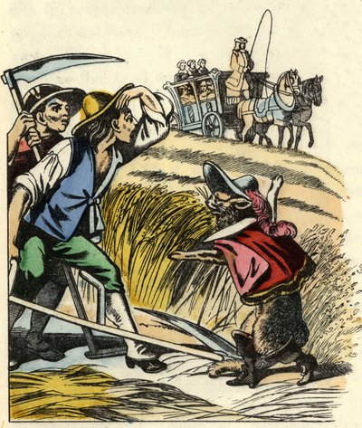 Le chat force les paysans à dire que le champ où ils moissonnent le blé appartient au Marquis de Carabas. Illustration du conte « Le Chat botté » de Charles Perrault - Unknown artist