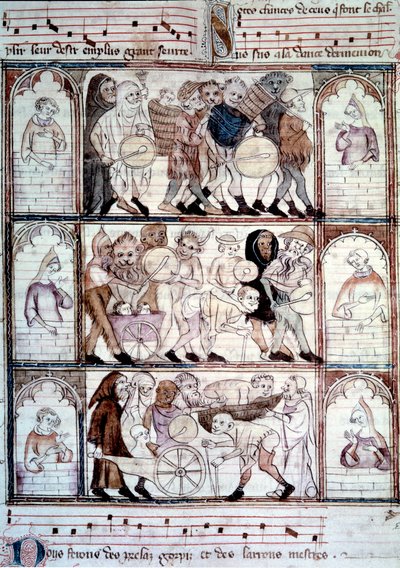 La fête du charivari pour le mariage de Fauvel. Procession de musiciens et de travestis. Miniature du manuscrit "Le roman de Fauvel" de Gervais du Bus - Unknown artist