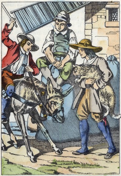 Les enfants du meunier, qui vient de mourir, se partagent ses biens : âne, moulin et chat. Illustration du conte "Le chat botté" de Charles Perrault. - Unknown artist