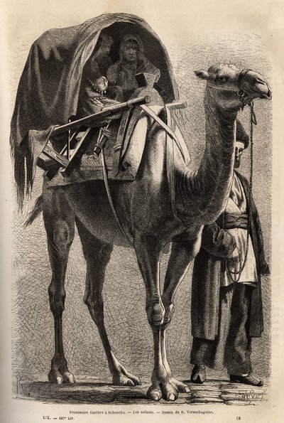 La procession commémorative du martyr de Hossein, après le passage des martyrs et des pénitents, les femmes participent à la procession, à moitié cachées sur des chameaux, guidées par le chef de famille. Gravure pour illustrer le voyage dans les provinces  - Unknown artist