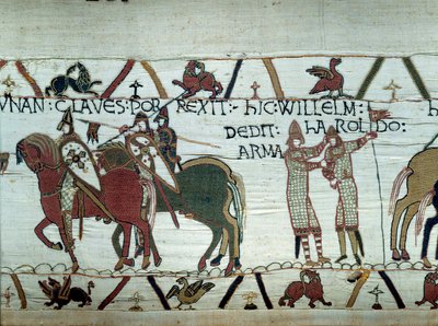 La conquête de la Bretagne par le duc de Normandie Guillaume le Conquérant (1027-1087) : à gauche le duc reçoit les clés de la ville de Dinan, à droite il fait chevalier Harold, envoyé par le roi anglais Édouard le Confesseur (détail de la tapisserie de Ba - Unknown artist